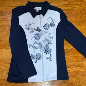 Breckenridge Navy and White Floral Zip-Up Sweatshirt